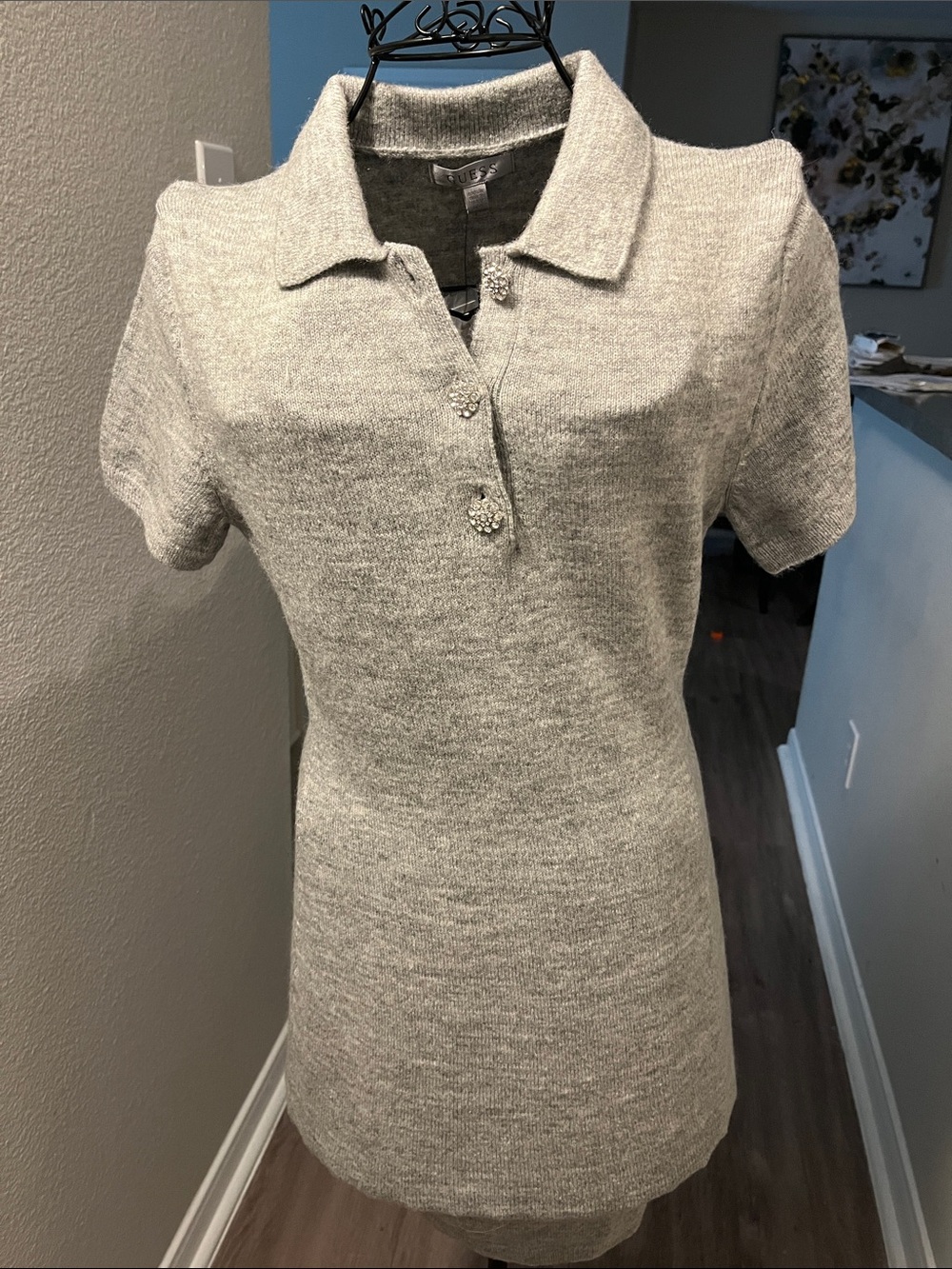 Guess Short Sleeve Knit Polo Tunic in Light Gray with silver accent buttons